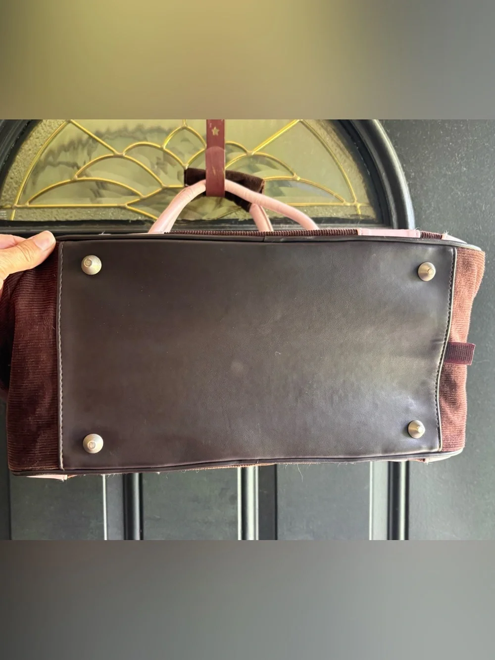 Brown Corduroy Small Pet Carrier with Faux Pink Leather Handles & Accents
